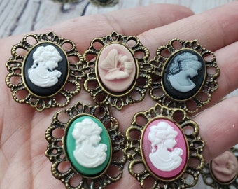 Set of 3 Cameo Victorian lady image lot, Flat-back Cabochon crafting jewelry filigree bronze setting, Pink black blue green vintage style
