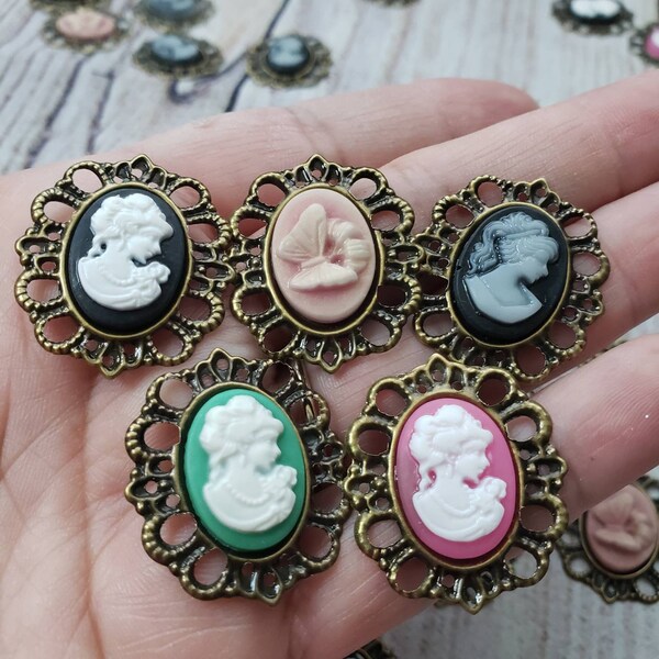 Set of 3 Cameo Victorian lady image lot, Flat-back Cabochon crafting jewelry filigree bronze setting, Pink black blue green vintage style