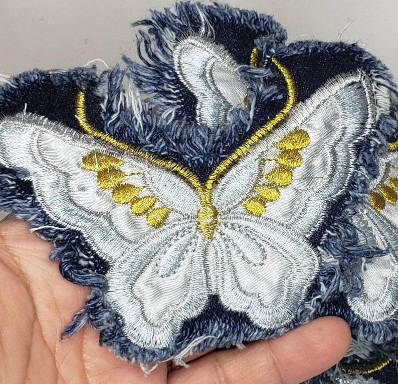 Butterfly Jean Patch Frayed Distressed Tattered Blue Gold Sew Etsy