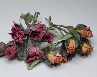 Peach Millinery Flowers, Vintage Rose buds in Mauve Red or Peach,Parchment Paper Dry flower look, 6 small buds on wire. new old stock
