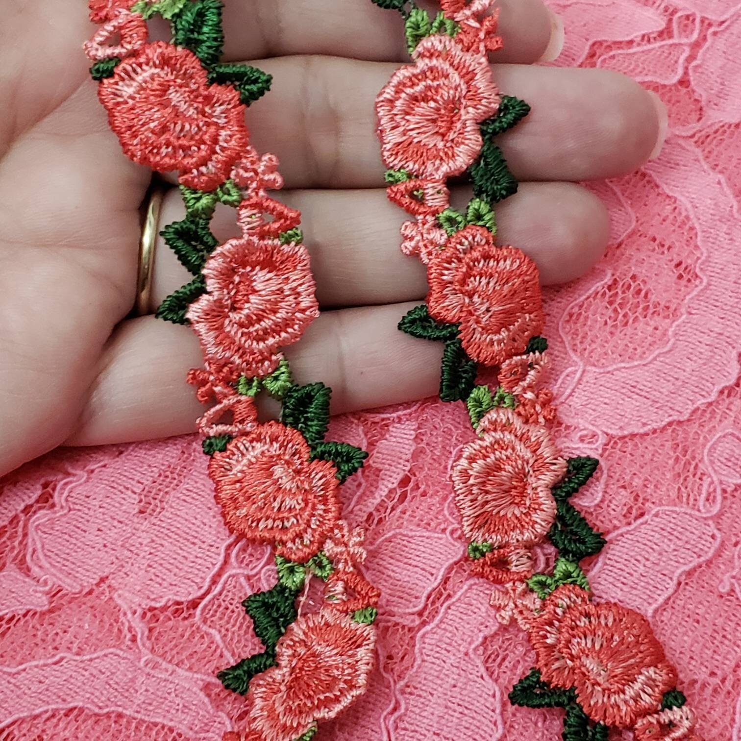 Flower Rose Lace, Red Green Pink Floral Rococo Trims, Lace Flowers