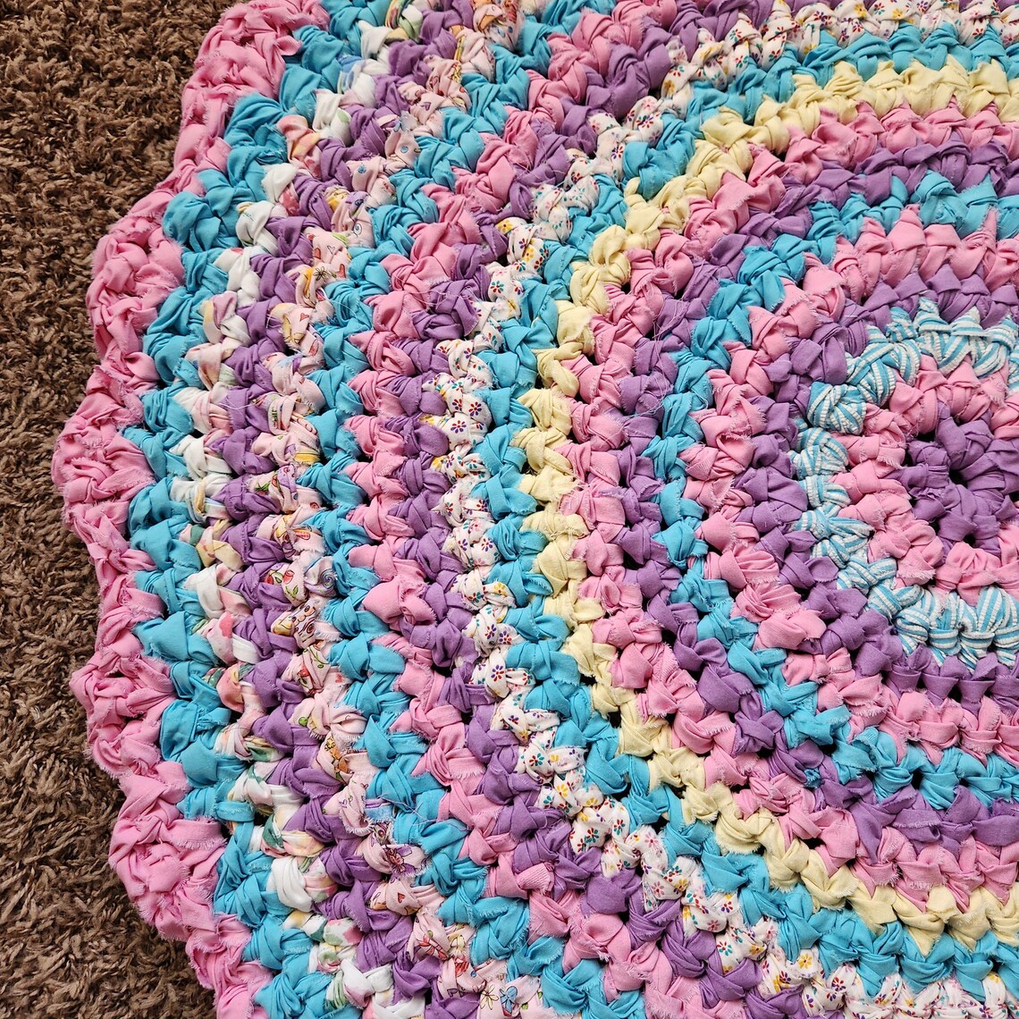 Pastel Rag Rug, Pink Lavender Blue Scallop Edge Handmade Upcycled ...