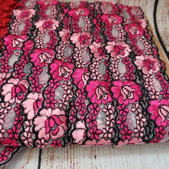 Pink Black Rose Lace, Mesh Embroidery Trim, Junk Journal