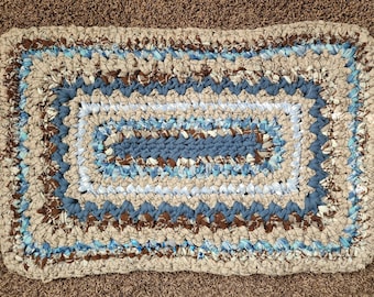 Rectangle Rag Rug, Beige Blue Brown Handmade upcycled textile fabric art accent rug, Reversable crochet throw rug 32.5" x 21" inch.