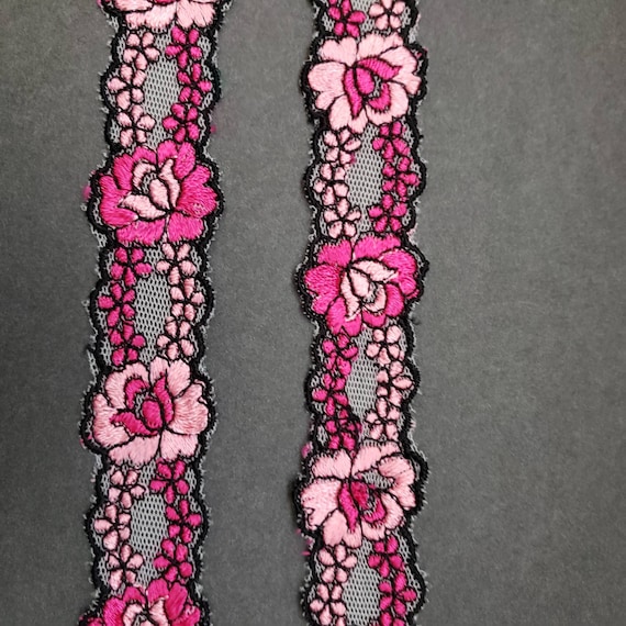 DRYROSE☆ROSE LACE PT Pink Black Rose Lace, Mesh Embroidery Trim, Junk Journal