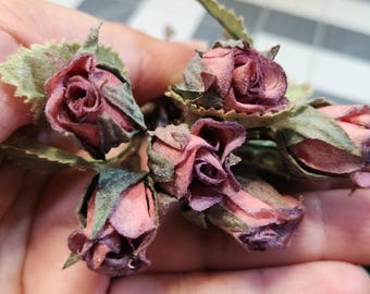 Millinery Rose Mauve, Flower buds in a Rose Mauve purple color Vintage Parchment Paper Dry flower look, 6 small buds on wire. new old stock