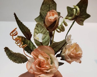 Peach Millinery Flowers, Vintage Bouquet Parchment Rose Paper flowers on wire. Millinery supplies, Hat, Wreath Shabby chic Crafts