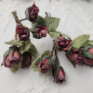 Pu&ograve; includere: Primo piano di diverse piccole rose bordeaux essiccate con foglie verdi. Le rose sono raggruppate su steli marroni, legati con spago. I fiori hanno un aspetto vintage e rustico.