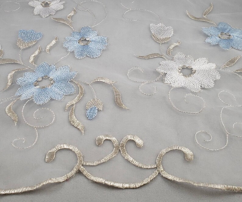 Curtain Fabric Blue floral sheer embroidered. White chiffon Etsy