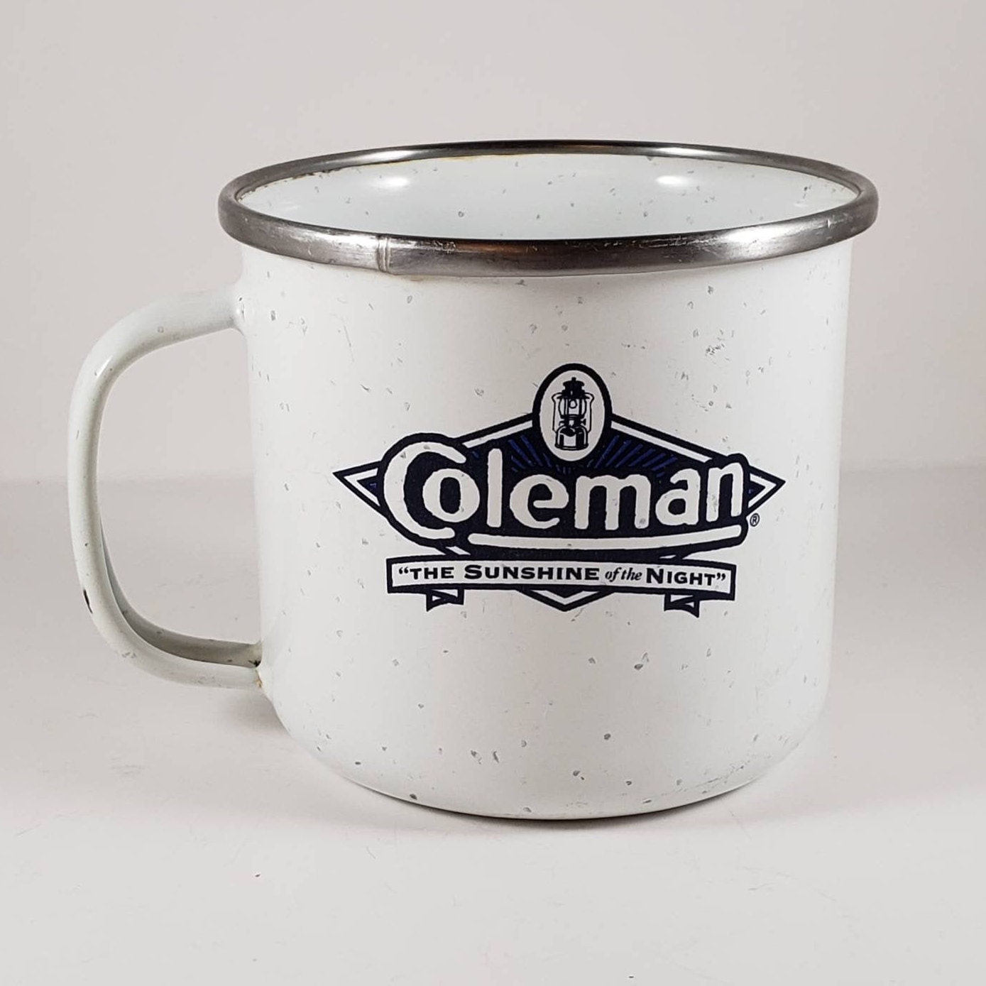 Coleman Vintage Metal Coffee Mug Speckled White Blue Silver Enamel
