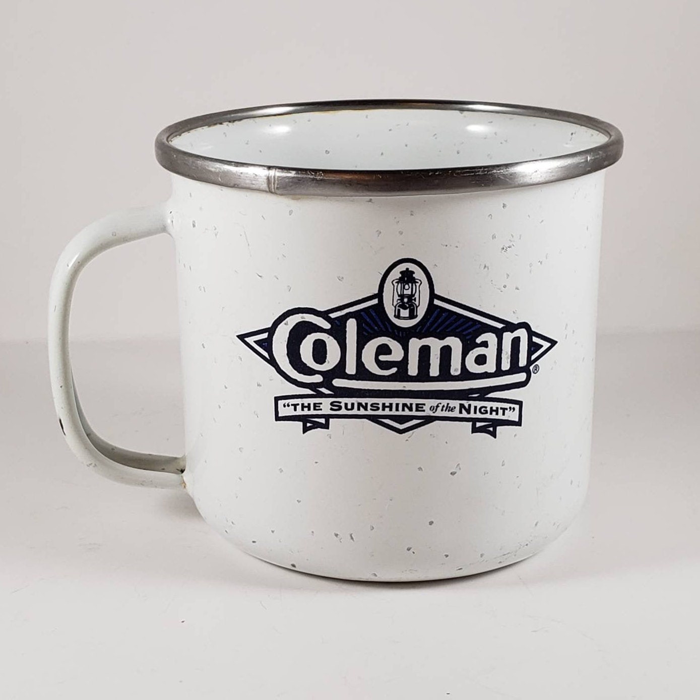 Coleman Vintage Metal Coffee Mug Speckled White Blue Silver
