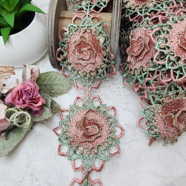 Floral Applique Lace, Dusty Rose Pink Ecru Gold Green Metallic Applique. Sewing craft supplies Costume lampshade junk journal