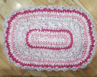 Handmade Pink Rag Rug, Upcycled Cotton Crochet Throw (33 x 23 inch)