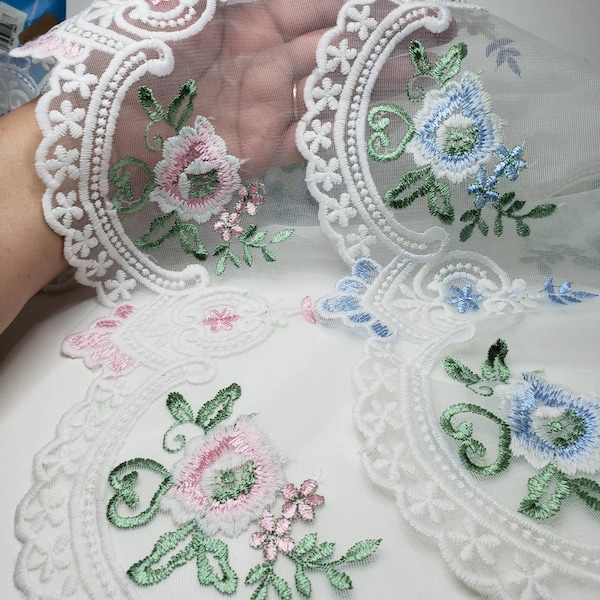 Embroidered Lace in Pink or Blue Roses, White green sheer Mesh Floral curtain trim fabric. Diy craft supplies Sewing Junk journal decorating