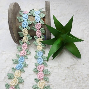 Pastel Rococo Rose Trim, Blue Pink Yellow Green Embroidered Flower lace fabric embellishment, Sewing Craft supplies Shabby Chic junk journal