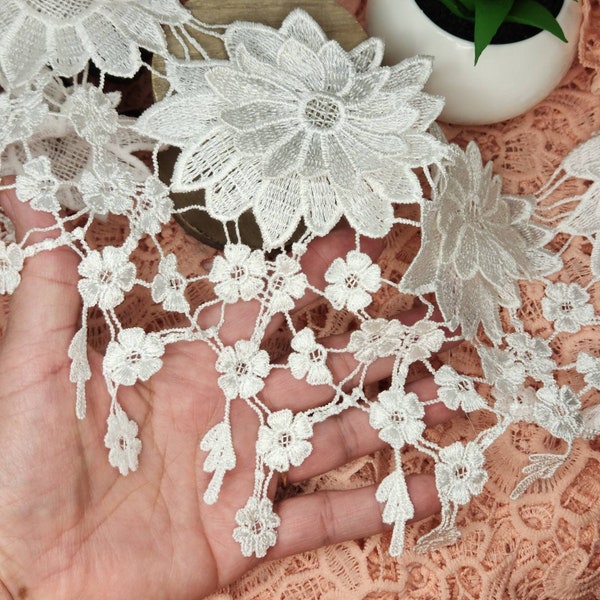 Floral Fringe Lace, White Wide Flower trim, Craft Embellishments. Sewing Craft supplies, Shabby Chic Wedding craft supplies Junk Journal