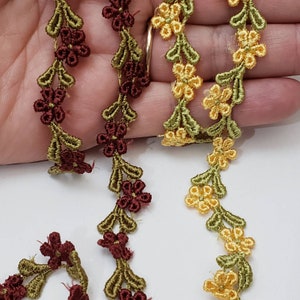 Bordure en dentelle de fleurs Rocco, rouge bordeaux ou jaune moutarde, vert, dentelle miniature de broderie florale, travaux manuels de style victorien, journal de rebut de couture
