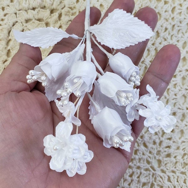 White Millinery flowers, Vintage Fabric Tulip Spray Satin Silk Pearl stamen on wire. Wedding Bridal for Corsage Hat hair Shabby chic Craft