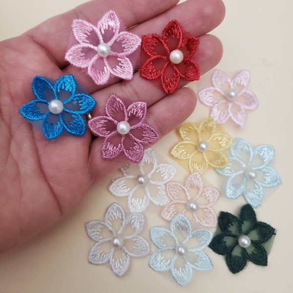 Pearl Organza Flowers, 5 pcs. Beaded Embroidered Organza Floral embellishment. Craft supplies sewing Junk journal flower center