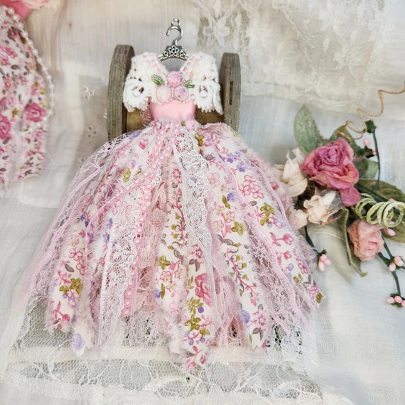 pink grandma dress Pink Ornament, Shabby Chic Christmas Tree Ornament Miniature Rag Dress.  Finished for Display Gift for Mom Grandma, Cottage Core Victorian