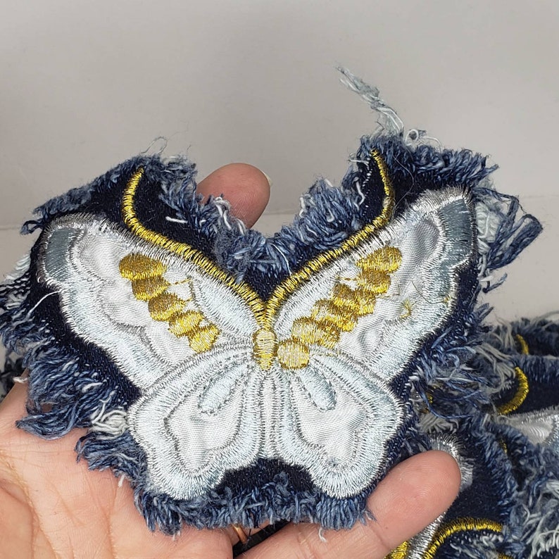 Butterfly Jean Patch Frayed Distressed Tattered Blue Gold Sew Etsy