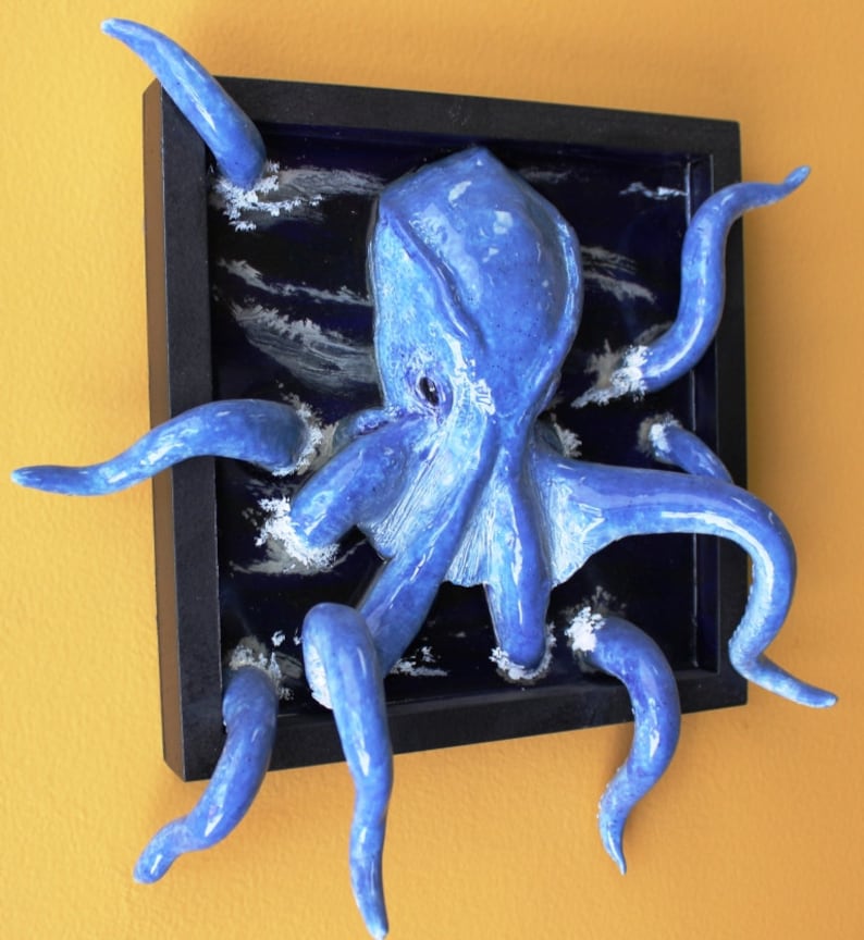 Hand Sculpted Blue Ceramic Octopus Wall Art with Waves | Etsy
