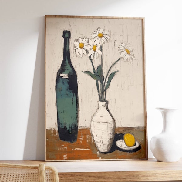 SGRAFFITO Vintage Wine Bottle  Daisies and Lemon Painting Wall Art Print Rustic Still Life Farmhouse Bar Dining Room Kitchen Decor LWAH12