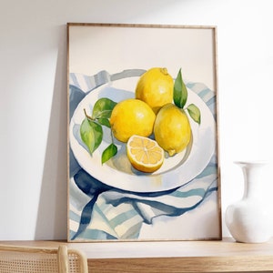 Lemons Wall Art Print Colorful Yellow Blue Kitchen Dining Room Still Life Watercolor Painting Spring Decoration Home Decor to Frame LWAH8