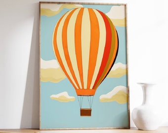 Colorido globo aerostático pared arte impresión naranja con cielo azul nubes guardería habitación niño niña sala de juegos colores brillantes decoración del hogar LWAH94