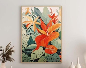 Tropical Flower Botanical Bird Of Paradise Wall Art Print Beautiful Colorful Green Orange Red Garden Exotic Vacation Home Decor LWAH101