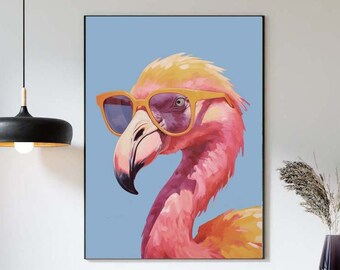 Pink Flamingo in Sunglasses Fun Wall Art Print Colorful Blue Orange Summer Beach Girl Room Bedroom Playroom Home Room Decor to Frame LWAH27