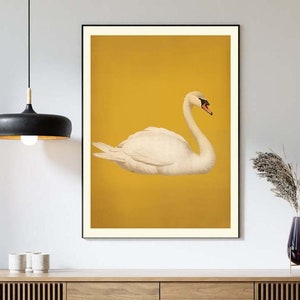 Vintage Eclectic White Swan on Yellow Wall Art Print Poster Maximalist Boho Colorful Unique Modern Contemporary Galley Art Home Decor LWAH80