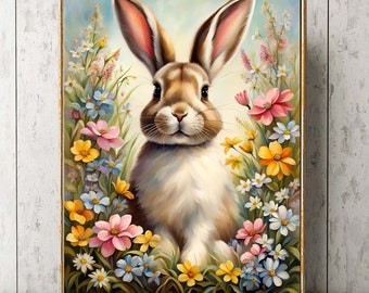 Conejito de Pascua Conejo Pared Arte Impresión Flores Silvestres Lindo Adorable Animal Primavera Flores Bonitas Rosa Azul Naturaleza Decoración Hogar Habitación Decoración EST33