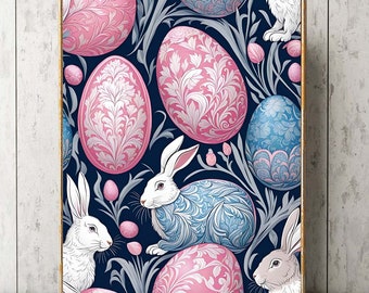 Huevos de conejito de Pascua Impresión de arte de pared Hermosa rosa azul marino flores azul oscuro Ilustración botánica William Morris inspirado decoración del hogar EST47