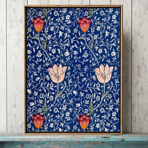 Botanical Wall Art Print WM17 Beautiful Antique Floral Design Textile Blue Background Pink Tulip Flower Home Decor Illustration to Frame