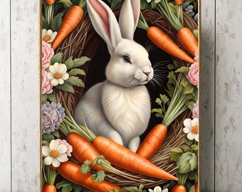 Impresión artística de pared con diseño de zanahorias y conejos de Pascua, decoración primaveral para el hogar, hermosa decoración clásica moderna de estilo rústico para cocina, comedor, fondo negro para enmarcar EST14
