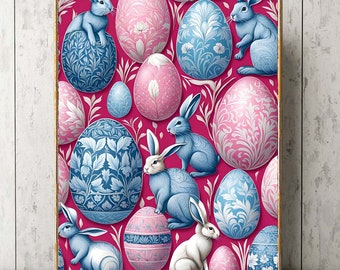 Huevos de Pascua Conejitos Pared Arte Impresión Hermoso Bebé Rosa Azul William Morris Inspirado Cartel Patrón Primavera Diseño Interior Decoración del Hogar EST52