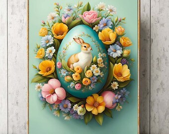 Pascua floral botánico conejito pared arte impresión hermoso color menta flores coloridas huevo pintado primavera decoración del hogar decoración para marco EST12