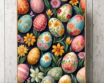 Huevos de Pascua Arte de la pared Impresión de colores Margaritas pintadas Flores Pintura Hermosos colores brillantes Feliz primavera Cartel Decoración Decoración del hogar EST21