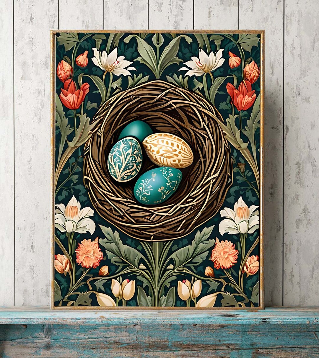 Beautiful Bird Nest Eggs Wall Art Print Red White Green Orange Flowers