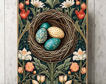 Hermosos huevos de nido de pájaro pared arte impresión rojo blanco verde naranja flores bosque naturaleza ilustración William Morris inspirado decoración del hogar EST25