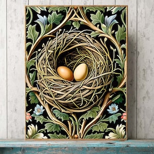 Bird Nest Eggs Wall Art Print Beautiful Botanical Black Background William Morris Inspired Living Dining Room Bedroom Home Decor EST24