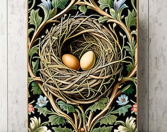 Nido de pájaro huevos pared arte impresión hermoso fondo negro botánico William Morris inspirado salón comedor dormitorio decoración del hogar EST24