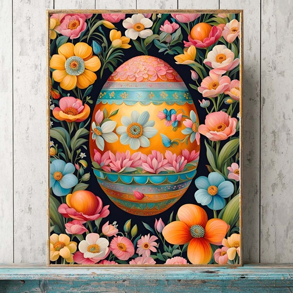 Easter Egg Wall Art Print Colorful Sprint Flowers Painting Illustration Beautiful Spring Floral Botanical Decoration Home Decor to Frame EST