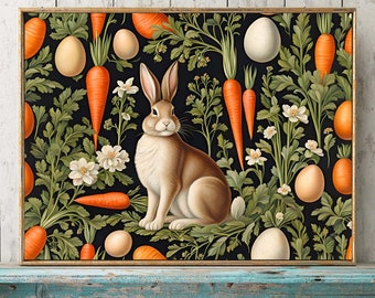 Impresión de Pascua Arte de pared grande horizontal William Morris inspirado hermoso conejito zanahorias flores decoración del hogar sobre fondo negro para enmarcar EST15