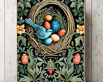Nido de huevos de pájaro azul, póster inspirado en William Morris, impresión artística de pared, flores, decoración floral para comedor, sala de estar, decoración del hogar para enmarcar EST17