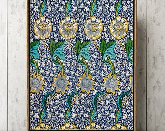 Impresión de arte de pared botánico WM12 hermosa antigüedad vintage azul amarillo blanco turquesa flores floral patrón de diseño casa decoración a marco