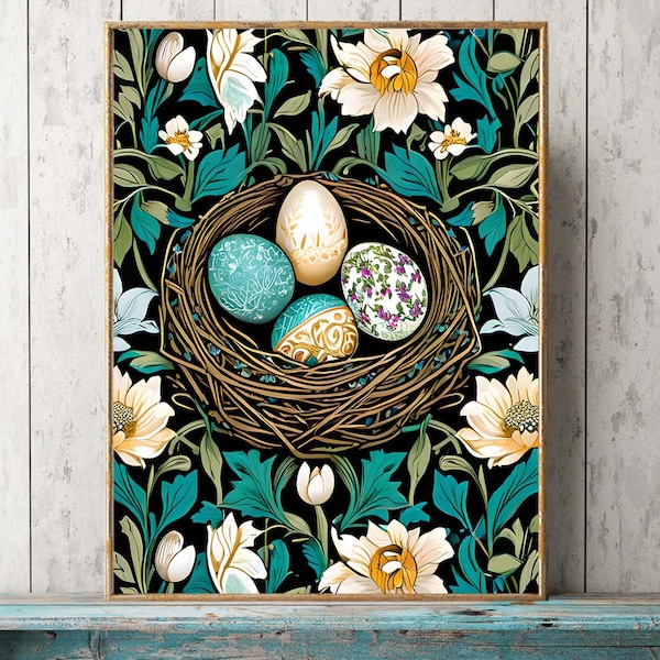 Bird Nest Eggs Wall Art Print Beautiful Aqua Turquoise William Morris Inspired Bedroom Living Room Office Entry Fireplace Home Decor EST26