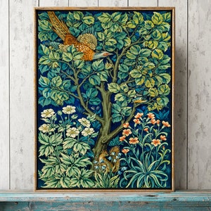 Tree Wall Art Print WM7 Beautiful Antique Fairytale Tree Squirrel Bird Navy Blue Background Flowers Interior Design Home Decor to Frame