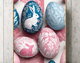 Azul rosa huevo de Pascua conejito pared arte impresión hermosa fotografía decoración grande bonita primavera interior diseño ilustración decoración del hogar EST53